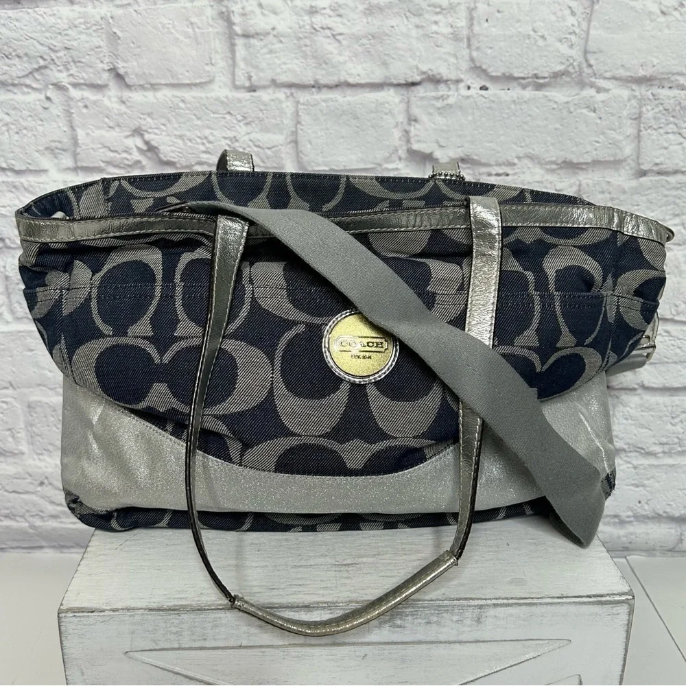 Coach Denim Signature Stripe Tote Weekender Diaper Bag F17443 Large Shoulder Bag